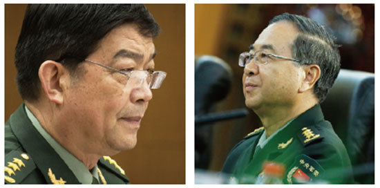 有消息指,中共70多名在職和退休的高官,因涉嫌行賄房峰輝(右)而被降職,其中中共前國防部長常萬全(左)被指是郭伯雄和徐才厚的「餘毒」被連降兩級。(AFP)