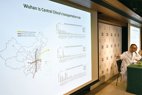 武漢是九省通衢,四通八達。圖為1月21日港大醫學院院長梁卓偉預報春運期間武漢肺炎在大陸及國際的可能傳播程度。(AFP)