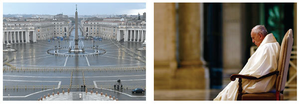 3月27日教宗方濟各抵達聖彼得廣場做只有一個人的祈禱,感到恐懼和迷失。(AFP)