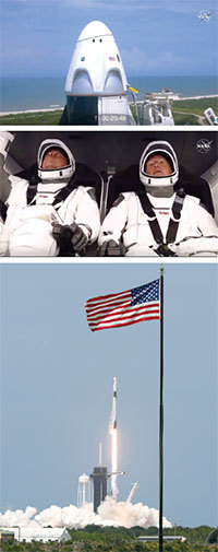 SpaceX的「獵鷹九號」火箭2020年5月30日成功發射,將兩名美國太空人送入太空軌道,開啟了人類太空旅行的新紀元。(AFP)