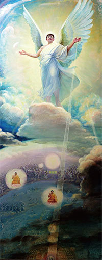 各種著名預言都點明,當今人類大劫中,將有一位出生於東方的大聖人在救度世人,帶領人類進入新紀元。圖為「真善忍美展」油畫作品〈主佛降臨〉。(法輪大法弟子藝術中心)