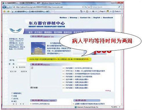 天津市第一中心醫院下屬東方器官移植中心網站的圖表,顯示1998年到2004年的肝移植總量呈幾何數級增長。(網路截圖)