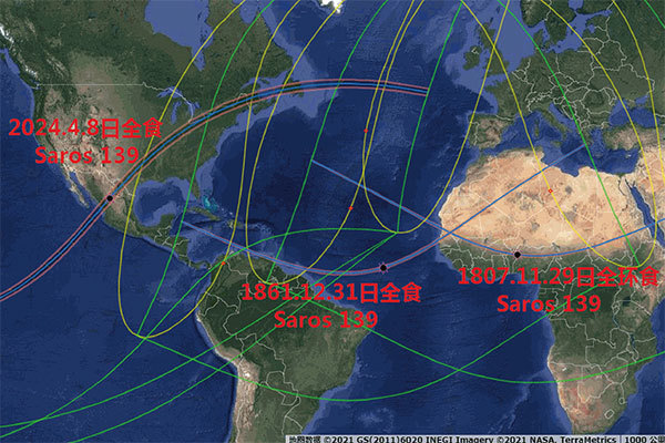 沙羅周期139序列的三個日食與日食帶:1807年11月29日日全環食是林肯的出生日食帶,1861年12月31日日全食帶是第一次轉輪周期日食帶,2024年4月8日日全食帶將是第四次轉輪周期日食帶。(NASA/歸元後製)