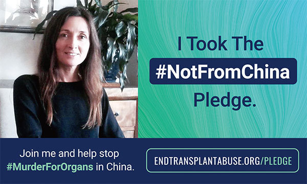 「終止中國濫用器官移植國際聯盟」(ETAC)執行總裁休斯(Susie Hughes)發起一項「(器官供體)不是來自中國的承諾」活動。(Courtesy of ETAC)