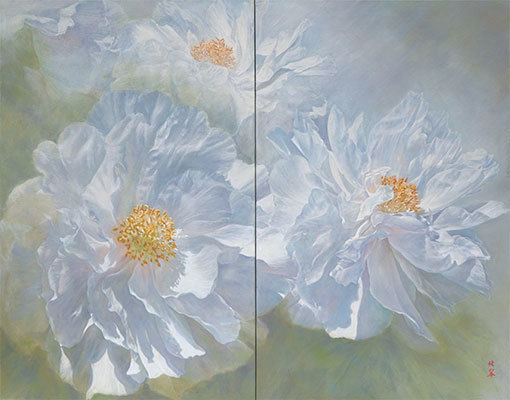 楊翠華〈春風話牡丹〉，油畫，2013年。（北翠提供）