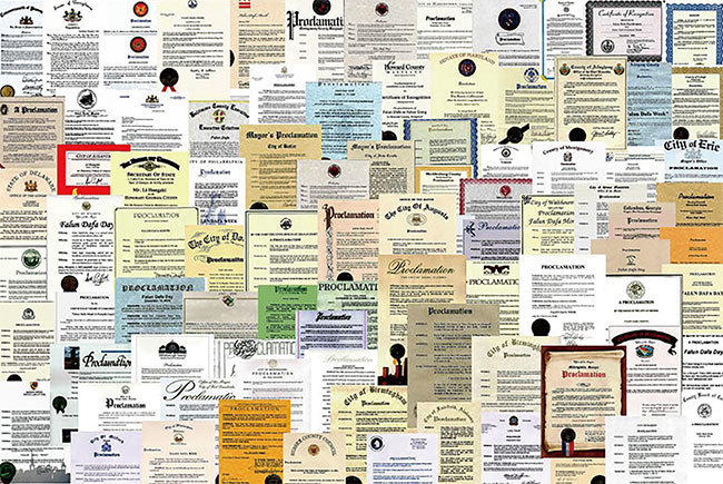 迄今,世界各國政府機構、議員、團體組織等對法輪大法和創始人頒發褒獎及感謝支持信函近4000多項。圖為往年褒獎圖片。(明慧網)