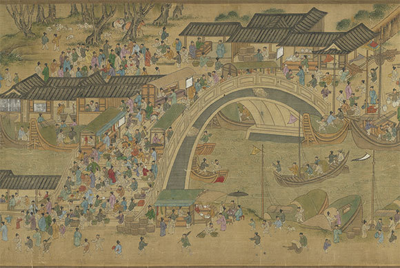 明朝仇英〈清明上河圖〉描繪出明朝中期蘇州繁榮的景象(局部)。(國立故宮博物院藏)